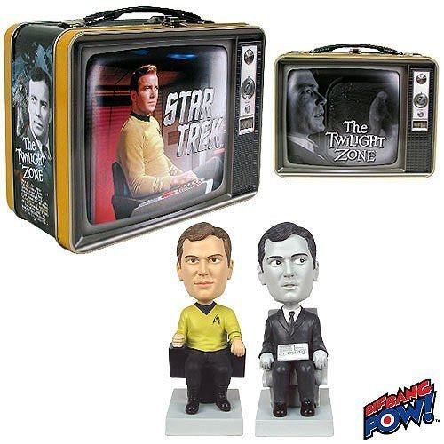 Vintage 2014 Star Trek / The Twilight Zone Captain James T Kirk And The Passenger Monitor Mate Bobble Heads In Tin Tote Lunchbox - San Diego Comic Con Exclusive