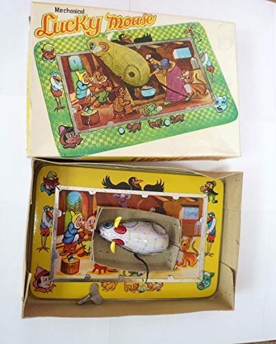 Vintage 1950's Mechanical Tin Toy - Lucky Mouse With Snow White And The Seven Dwarfs Background - Complete And Fully Working In The Original Box