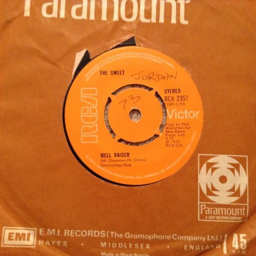 The Sweet A.Side Hell Raiser, B.Side Burning, RCA Records Label 1973, 7 inch vinyl Single
