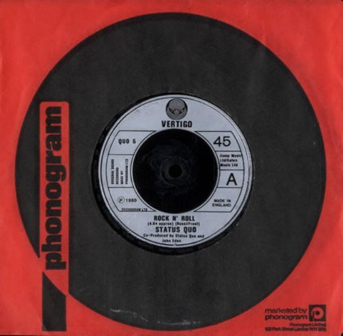 Status Quo A.Side Rock N Roll, B.Side Hold You Back - And Backwater, Vertigo Records Label 1980, 7 inch vinyl Single.
