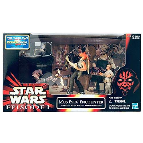 Vintage 1999 Star Wars Episode 1 The Phantom Menace Mos Espa Encounter Action Figure Set 3 Pack With Exclusive Comm Talk Chip - Brand New Factory Sealed Shop Stock Room Find