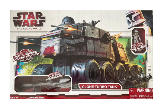 Vintage Star Wars 2009 The Clone Wars - Electronic Clone Turbo Tank Vehicle With Launching Speeder Bike And Exclusive Tank Gunner Action Figure