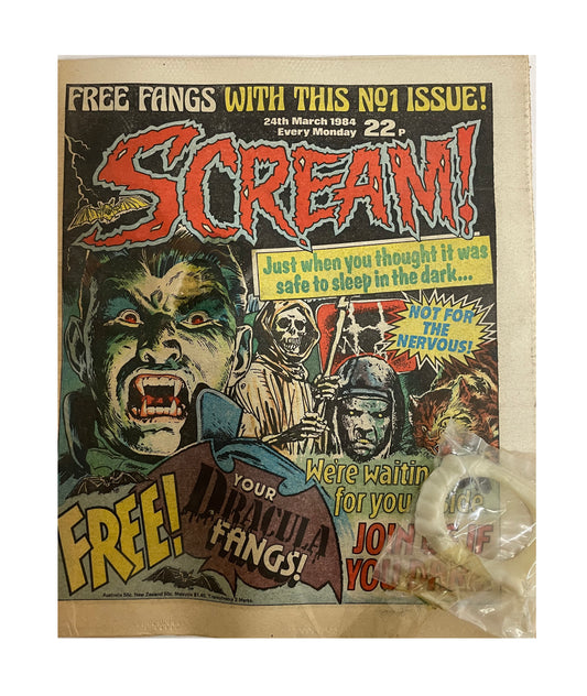 Vintage 1984 Scream Weekly Comic Horror Magazine Number 1 - Fantastic First Issue - With The Free Dracula Fangs - March 24th 1984 - Former Shop Stock