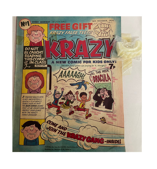 Vintage 1976 Krazy Weekly Comic Magazine Number 1 - Fantastic First Issue - With The Free Krazy False Teeth - Oct 16th 1976 - Former Shop Stock