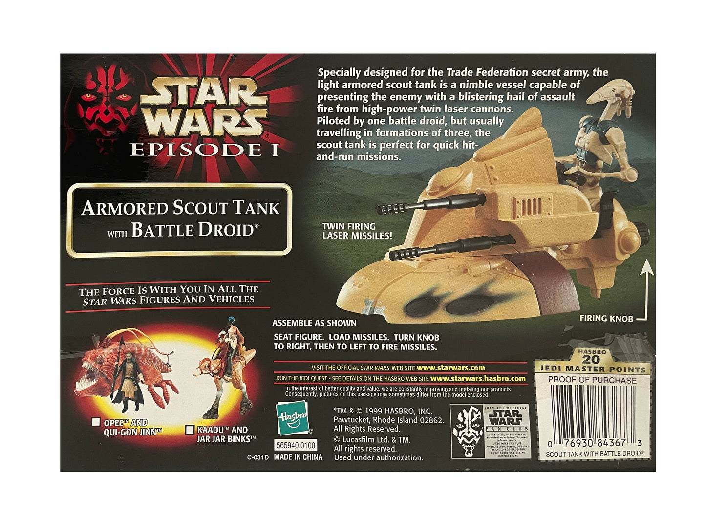 Vintage 1999 Star Wars Episode 1 Armored Scout Tank With Battle Droid Action Figure