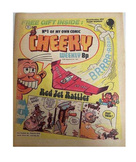 Vintage 1977 Cheeky Weekly Comic Magazine Number 1 - Fantastic First Issue - With The Free Gift - Red Jet Rattler - 22nd October 1977 - Former Shop Stock