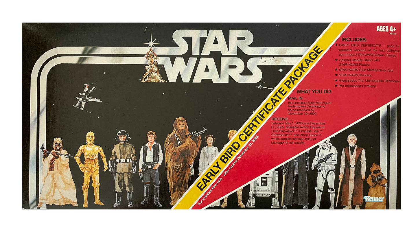 Vintage 2005 Star Wars Early Bird Certificate Package With Action Figure Display Stand And The First Four Mail Away Action Figures