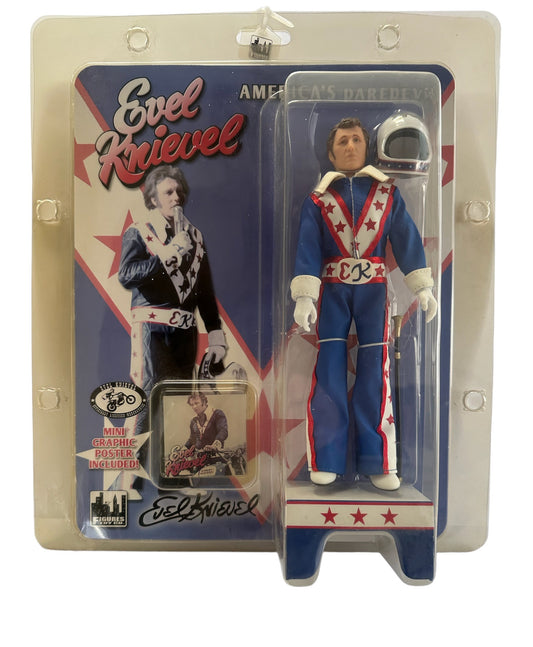Vintage 2012 Evel Knievel 12-Inch Action Figure Americas Daredevil Dressed In Blue Jumpsuit & Complete With Cane & Mini Graphic Poster - Factory Sealed Shop Stock Room Find