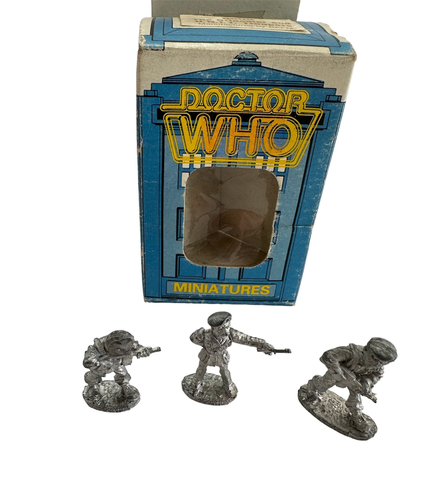 Vintage FASA Corp 1986 Doctor Dr Who Citadel Miniatures Metal Figures No. 9505 - The Brigadier And UNIT Troopers - Set Of 3 Figures - In The Original Box - Shop Stock Room Find