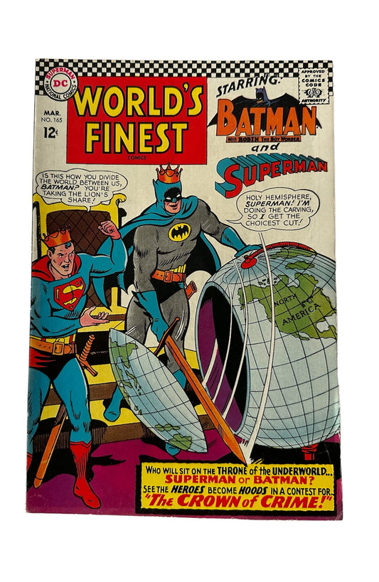 Vintage 1967 DC Worlds Finest Comics Issue Number 165 - Starring SuperMan And BatMan & Robin In The Crown Of Crime - Former Shop Stock