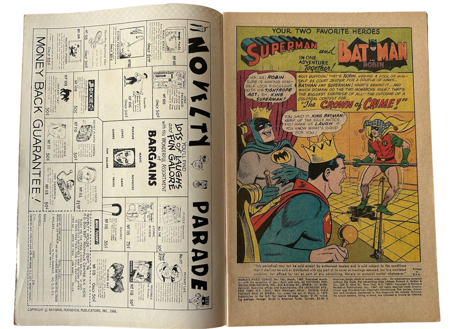 Vintage 1967 DC Worlds Finest Comics Issue Number 165 - Starring SuperMan And BatMan & Robin In The Crown Of Crime - Former Shop Stock