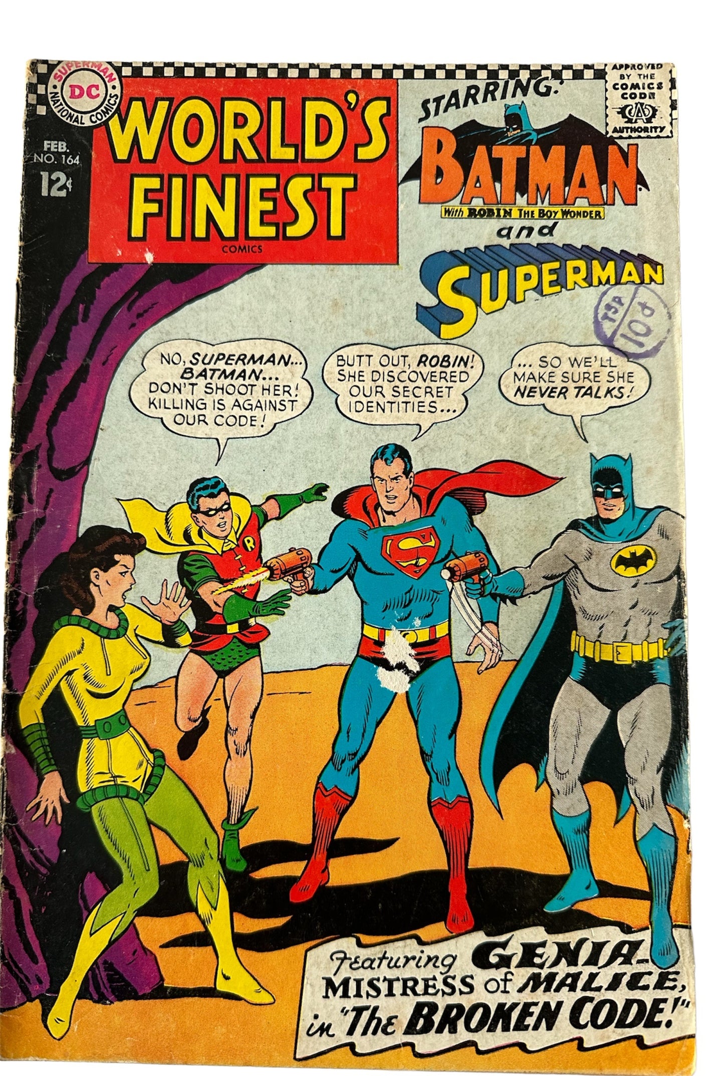 Vintage 1967 DC Worlds Finest Comics Issue Number 164 - Starring SuperMan And BatMan & Robin In The Broken Code - Good Condition Vintage Comic