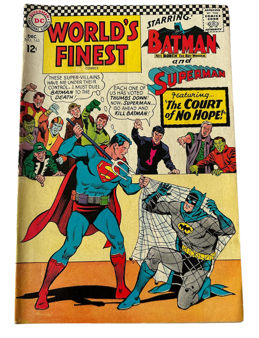 Vintage 1966 DC Worlds Finest Comics Issue Number 163 - Starring SuperMan And BatMan In The Duel Of The Super Duo - Featuring The Court Of No Hope - Fantastic Condition Vintage Comic