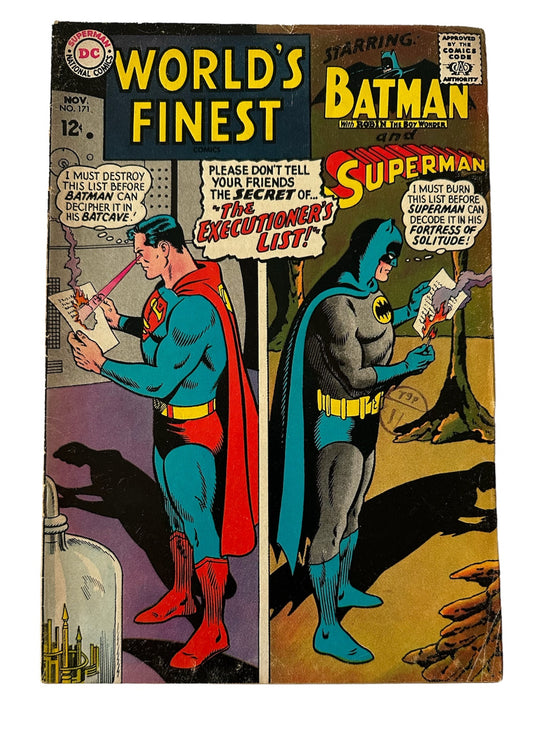 Vintage 1967 DC Worlds Finest Comics Issue Number 171 - Starring Super Man And Bat Man & Robin In The Secret Of The Executioners List - Very Good Condition Vintage Comic