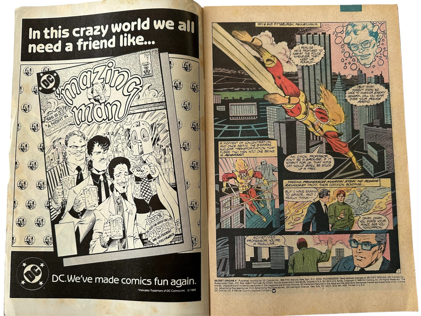 Vintage 1986 DC - Secret Origins Comic Issue Number 4 - Starring Firestorm The Nuclear Man - Shop Stock Room Find