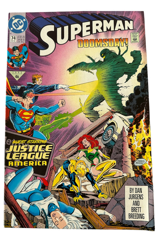 Vintage 1992 DC Superman Doomsday Comic Issue Number 74 - Featuring  Superman And Guest Starring The Justice League - Former Shop Stock