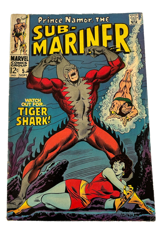 Vintage 1968 Marvels Prince Namor The Sub-Mariner Comic Issue Number 5 - Featuring The First Appearance Of Tiger Shark - Fantastic Condition Vintage Comic