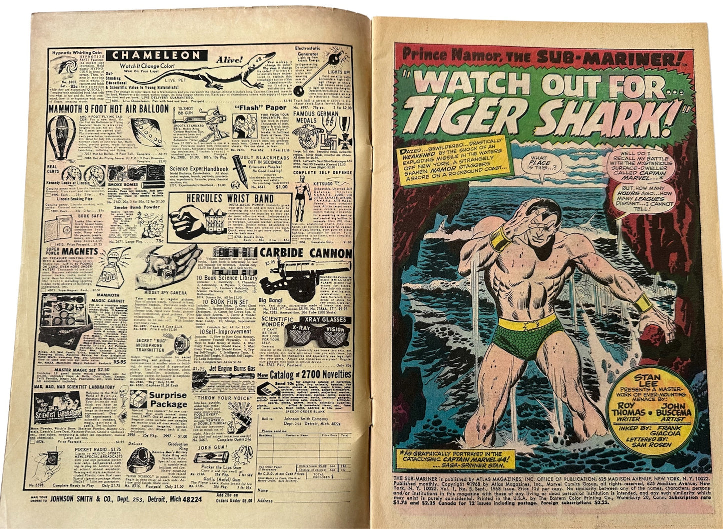 Vintage 1968 Marvels Prince Namor The Sub-Mariner Comic Issue Number 5 - Featuring The First Appearance Of Tiger Shark - Fantastic Condition Vintage Comic
