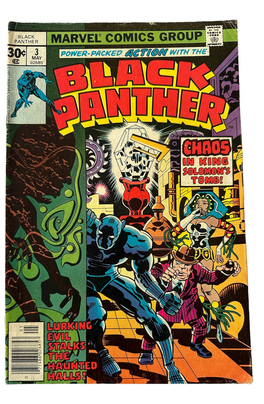 Vintage 1977 Marvels - The Black Panther Comic Issue Number 3 - Chaos In King Solomons Tomb - Race Against Time - First Print - Fantastic Condition Vintage Comic