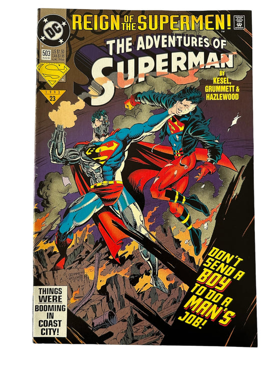 Vintage 1993 DC The Adventures Of Super Man - Don't Send A Boy To Do A Mans Job Comic Issue Number 503 - Featuring The Man Of Steel And Superboy In Line Of Fire - Former Shop Stock