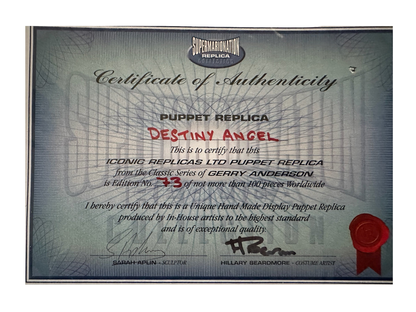 Vintage 2009 Iconic Replicas - Gerry Andersons Captain Scarlet - Destiny Angel 1:1 Scale Display Replica Puppet - Limited Edition No. 73/100 With COD In Original Packing