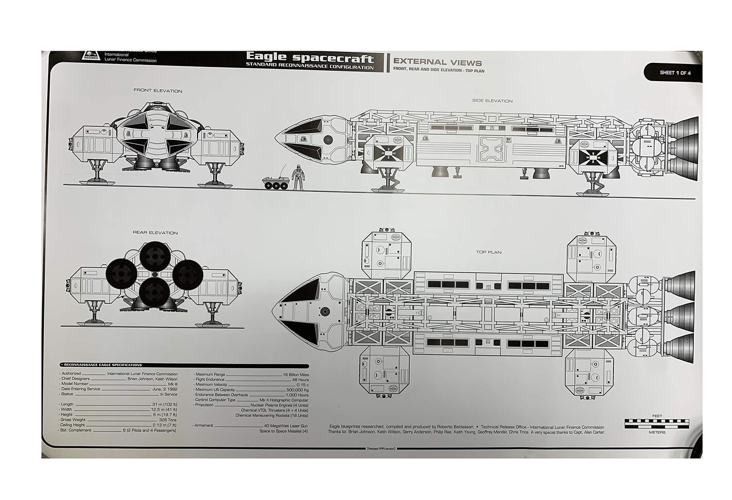 Vintage Gerry Andersons Space 1999 Set Of 4 Eagle Transporter Blueprints 25 Inches by 16 inches Black & White Poster Size Print On Card