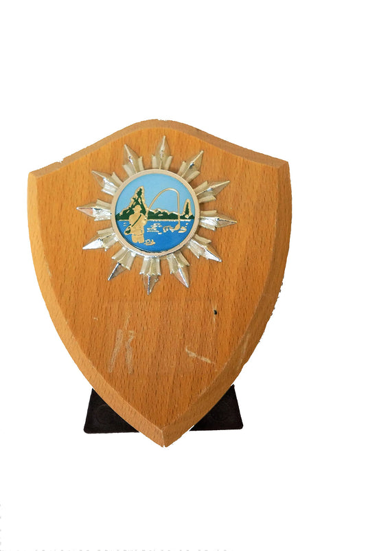 Vintage 1970's Fishing Champion Winners Trophy Wooden Keep Sake Shield