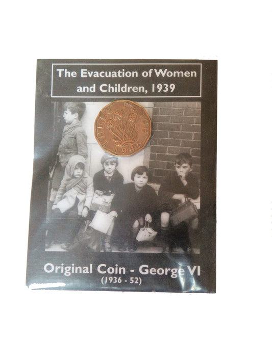 Vintage The Evacuation of Women and Children Original George VI 1945 Nickel Brass Threepence Coin On Card - Shop Stock Room Find