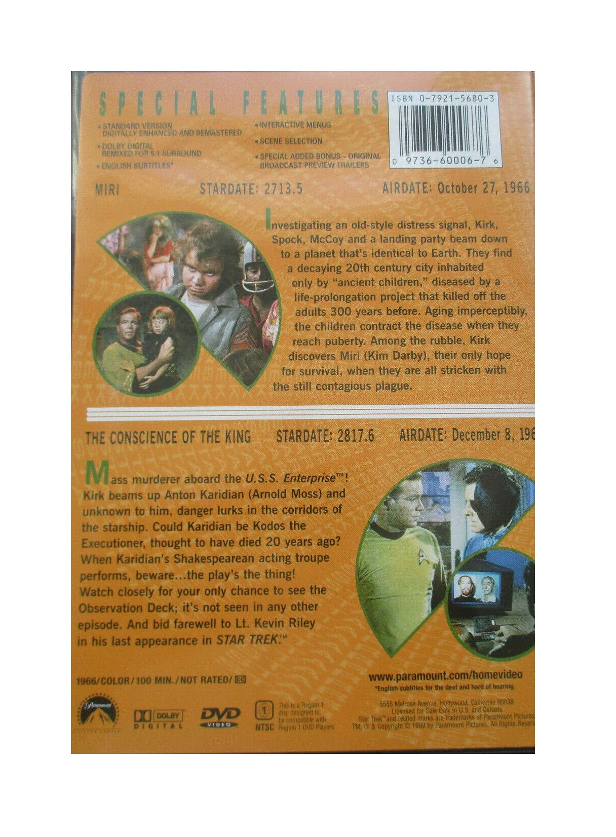Star Trek The Original Series Vol 6 Double Episode DVD - Ep 12 - Miri / Ep 13 -The Conscience Of The King - Region 1 USA Import