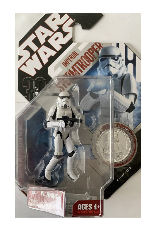 Vintage 2007 Star Wars Saga 30th Anniversary A New Hope Imperial Stormtrooper Action Figure With Exclusive Collector Coin - Brand New Factory Sealed Shop Stock Room Find