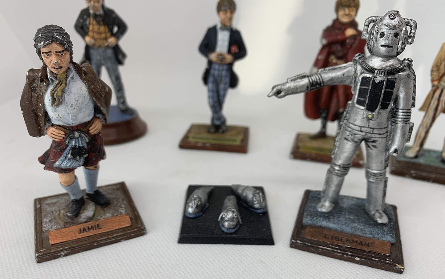 Vintage 1984 Dr Doctor Who Fine Art Castings Set Of 4 80mm Pewter Pre Painted Figures - 1st, 2nd, 4th & 5th Doctor, Jamie, Cyberman