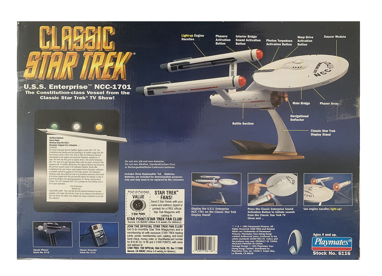 Vintage Playmates 1995 Classic Star Trek Collectors Series Electronic Starship Enterprise NCC-1701 Replica Star Ship - Shop Stock Room Find