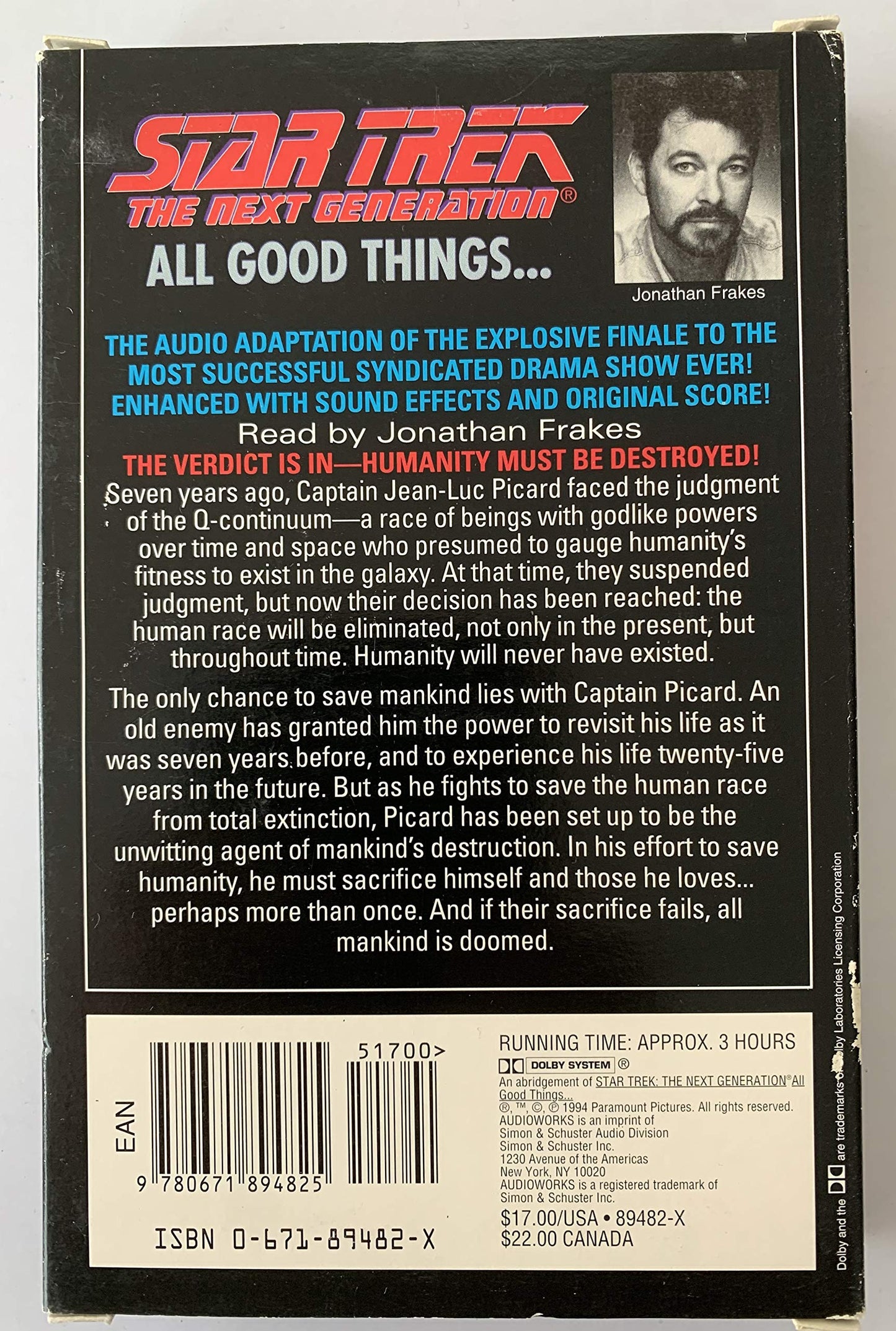 Vintage 1994 Star Trek The Next Generation All Good Things Simon & Schuster Double Audio Cassette Read By Jonathan Frakes AKA Will Riker - Fantastic Condition In The Original Box