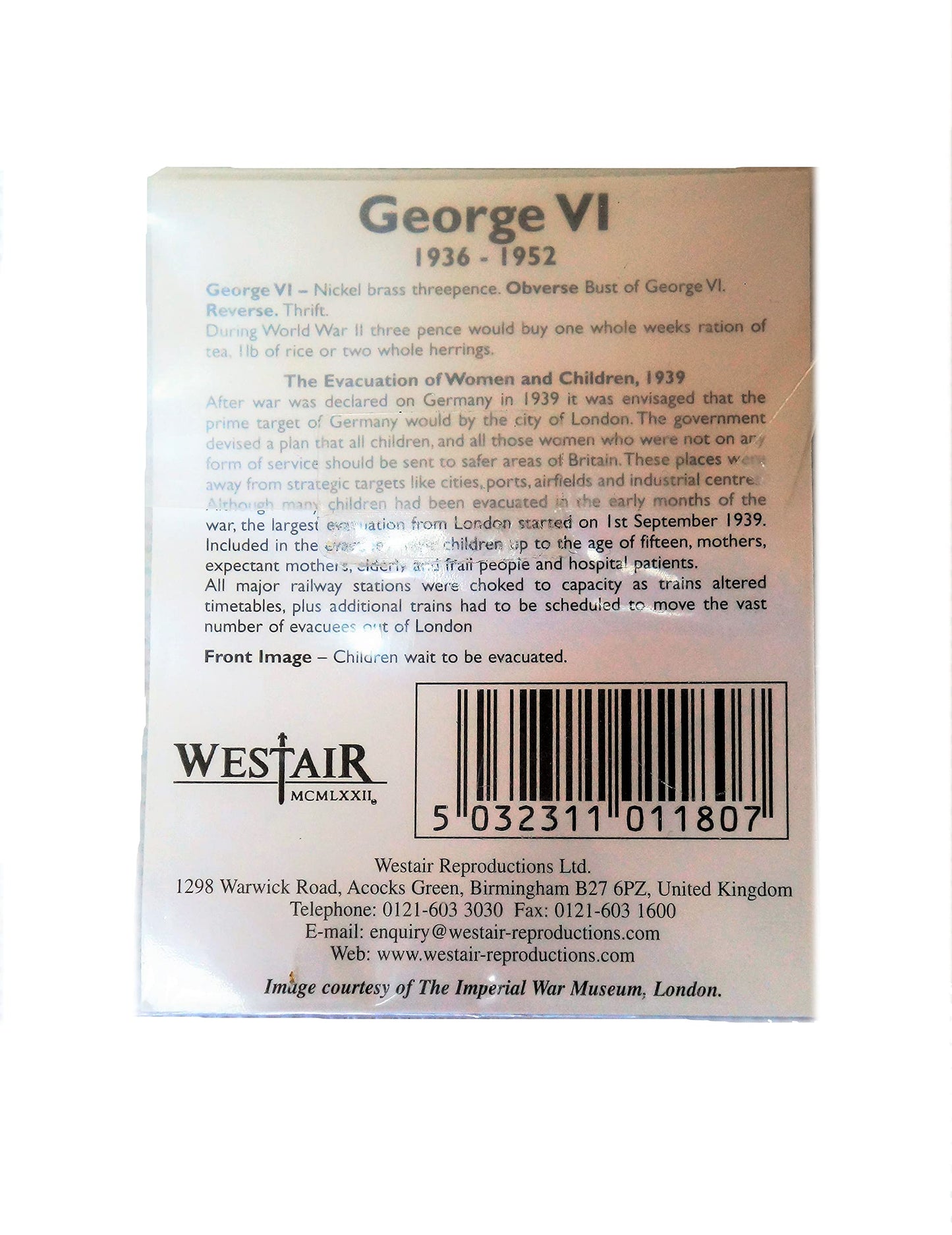 Vintage The Evacuation of Women and Children Original George VI 1945 Nickel Brass Threepence Coin On Card - Shop Stock Room Find