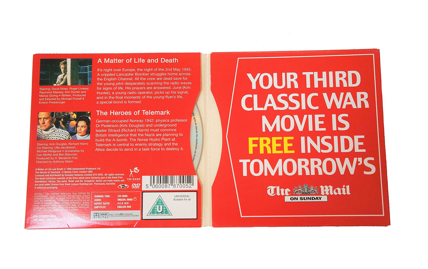 Vintage The Daily Mail Classic War Movies - Two Movies On One Disc - A Matter Of Life And Death & The Heroes Of Telemark - Shop Stock Room Find
