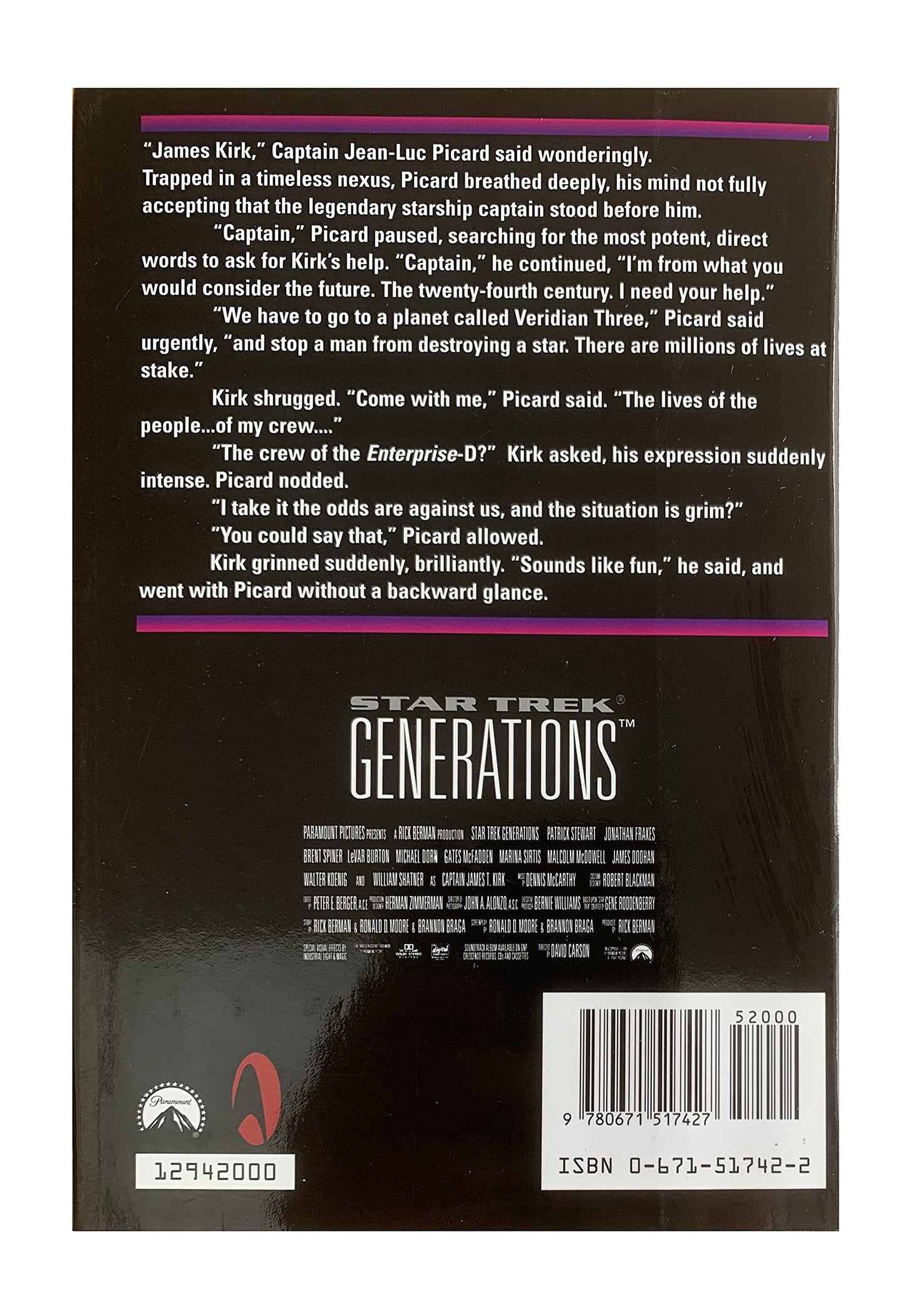 Vintage 1994 Star Trek Generations Hard Back Book - A Novel By J.M. Dillard - Unsold Shop Stock