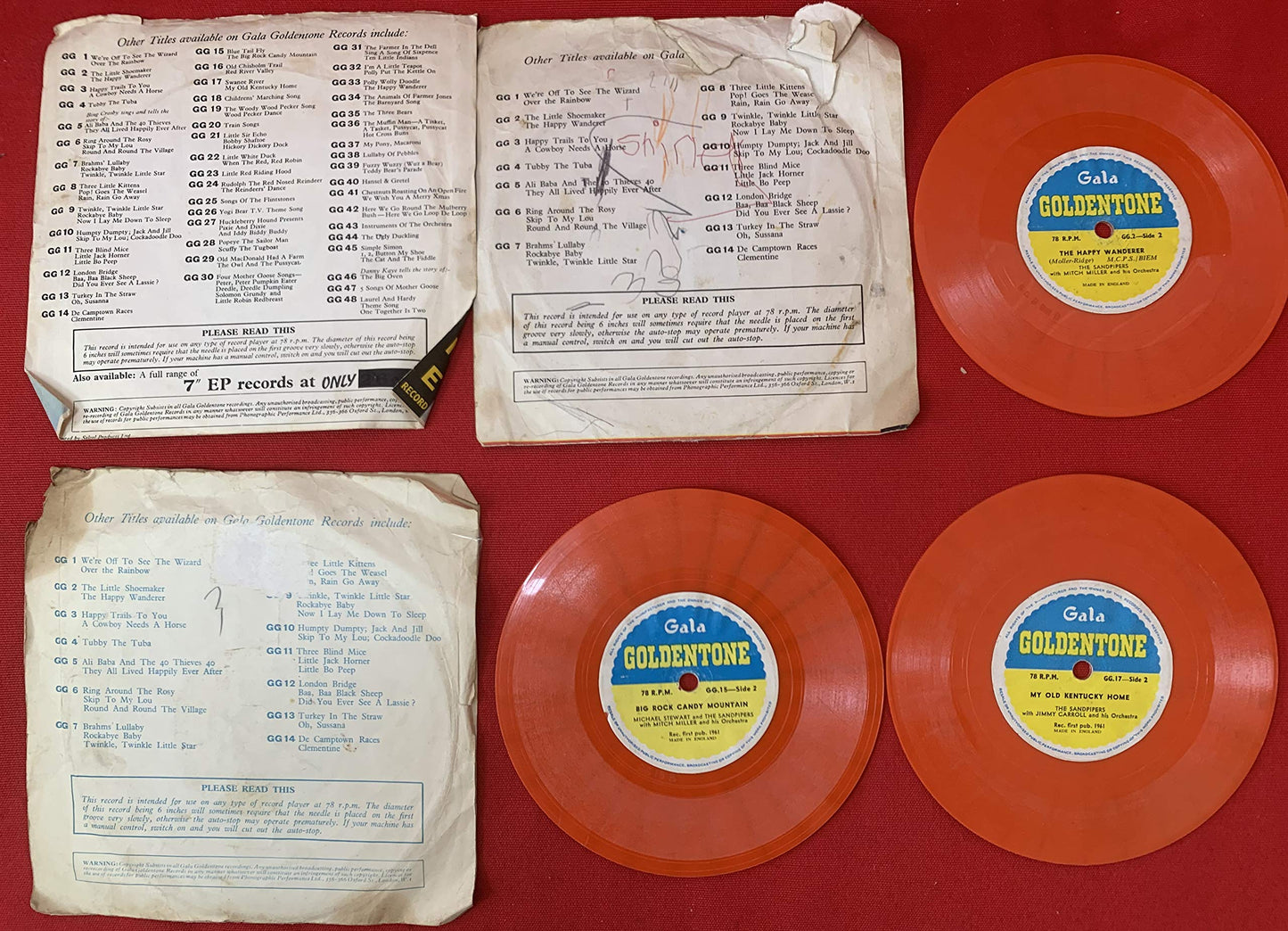Vintage 1960s Gala Goldentone Set Of 6 Childrens Orange Vinyl Records 78RPM 6 Inch - Stories & Nursery Rhymes