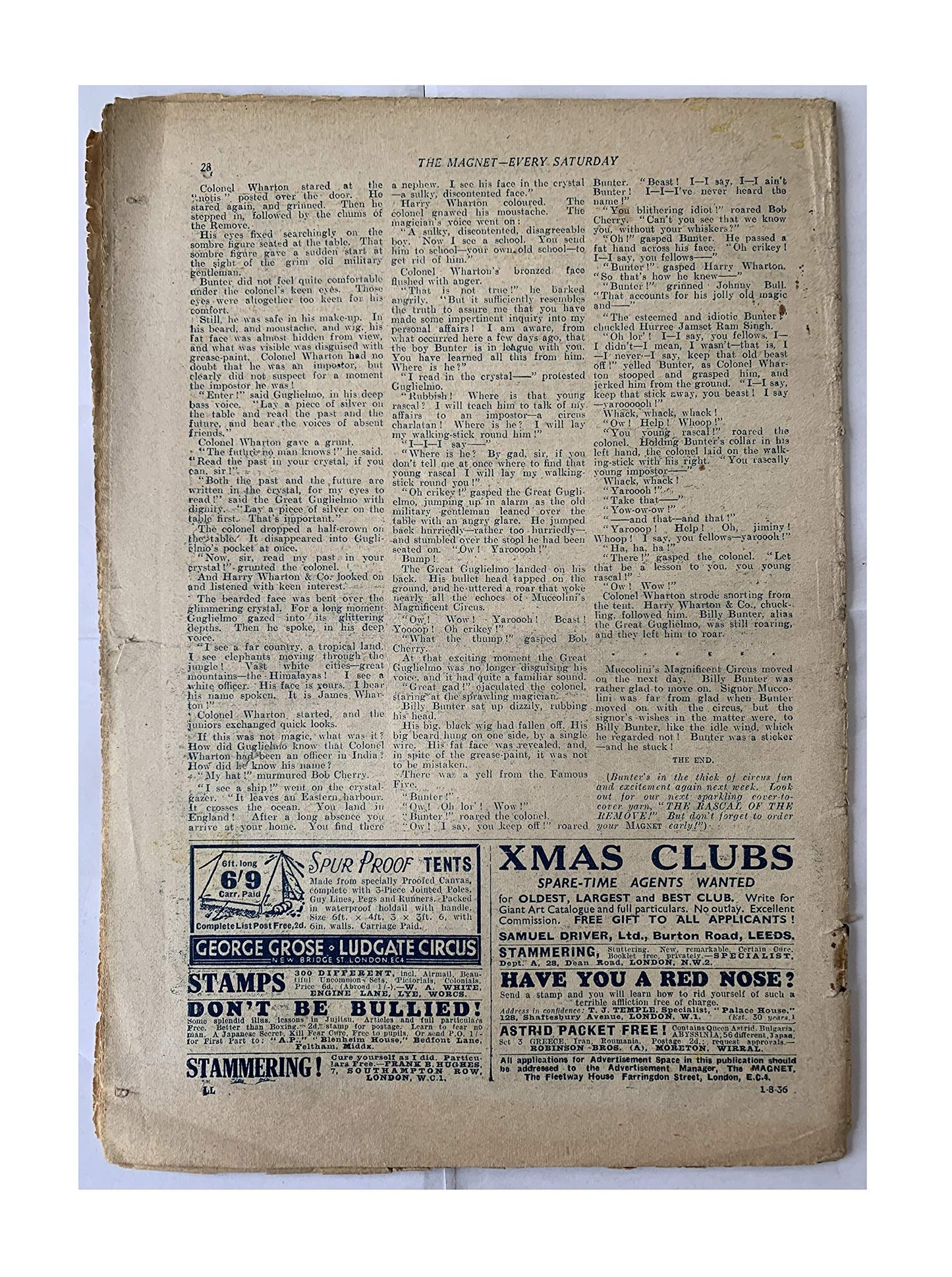 Vintage 1936 The Magnet Boys Story Newspaper Comic Issue 1485 - August 1st 1936 Featuring Billy Bunter