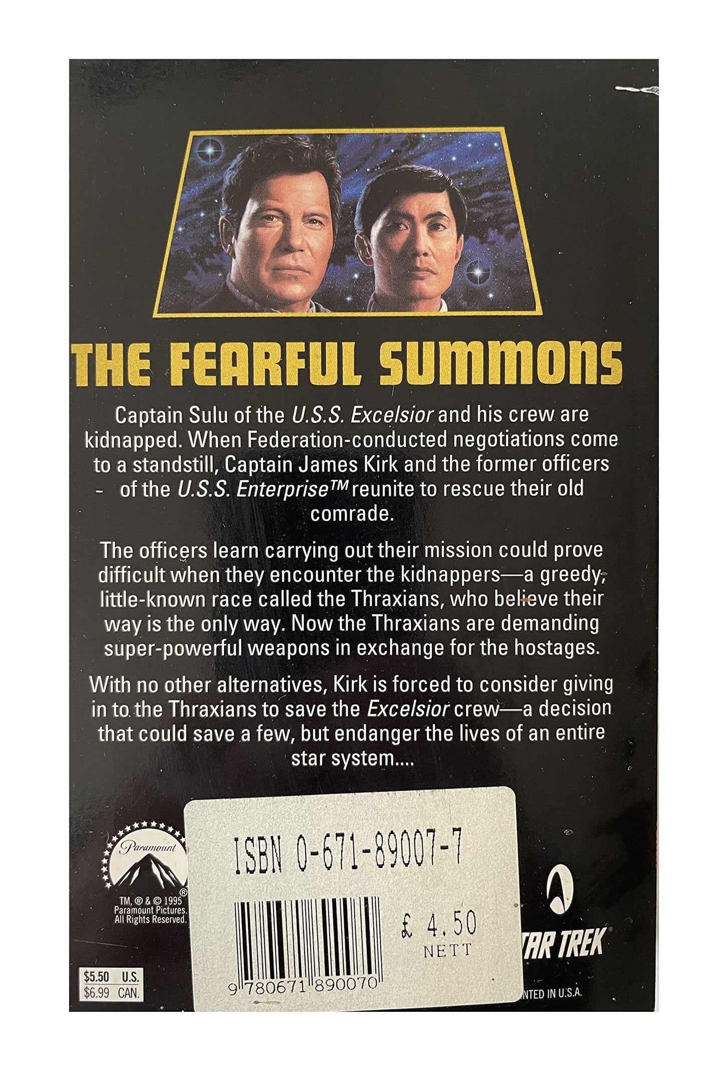 Vintage 1995 Star Trek Novel - The Fearful Summons - Paperback Book - By Howard Weinstein - Shop Stock Room Find