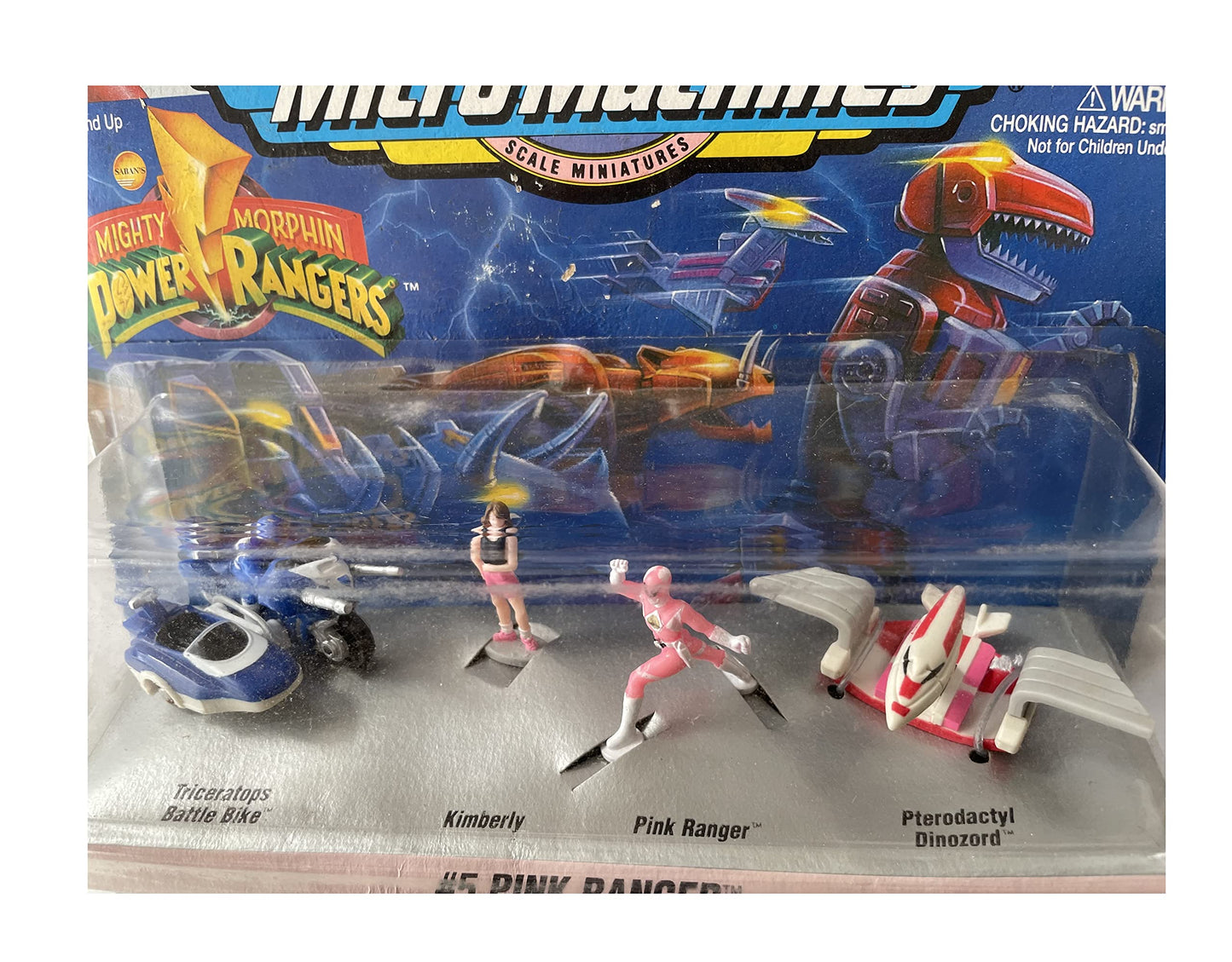 Vintage 1994 Mighty Morphin Power Rangers Micro Machines Miniature The Pink Ranger Set No. 5 - Includes The Pink Ranger Figure, Kimberly Figure, Pterodactyl Dinozord and The Triceratops Battle Bike With The Blue Ranger - Unsold Shop Stock Room Find