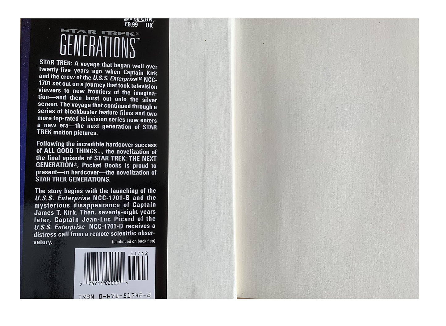 Vintage 1994 Star Trek Generations Hard Back Book - A Novel By J.M. Dillard - Unsold Shop Stock