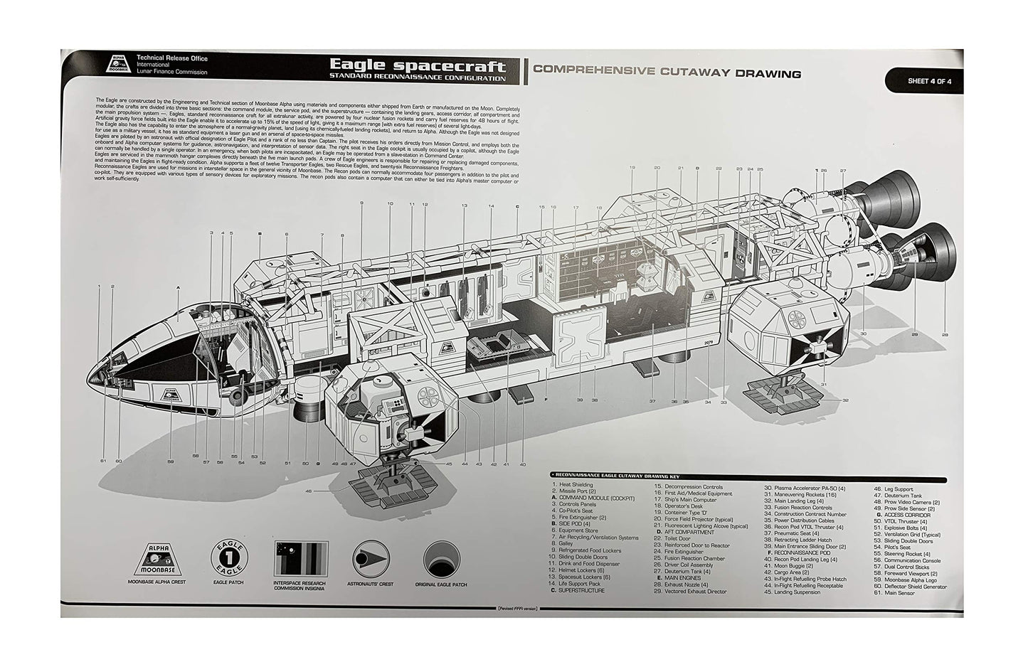 Vintage Gerry Andersons Space 1999 Set Of 4 Eagle Transporter Blueprints 25 Inches by 16 inches Black & White Poster Size Print On Card