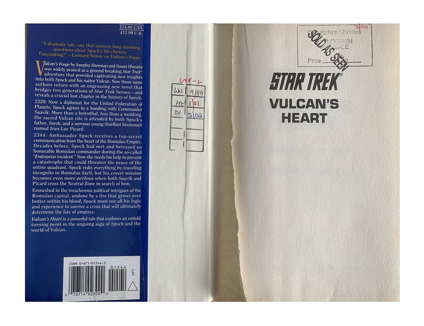 Vintage 1999 Star Trek Vulcans Heart - Hard Back Book By Josepha Sherman And Susan Shwartz - Former Library Book