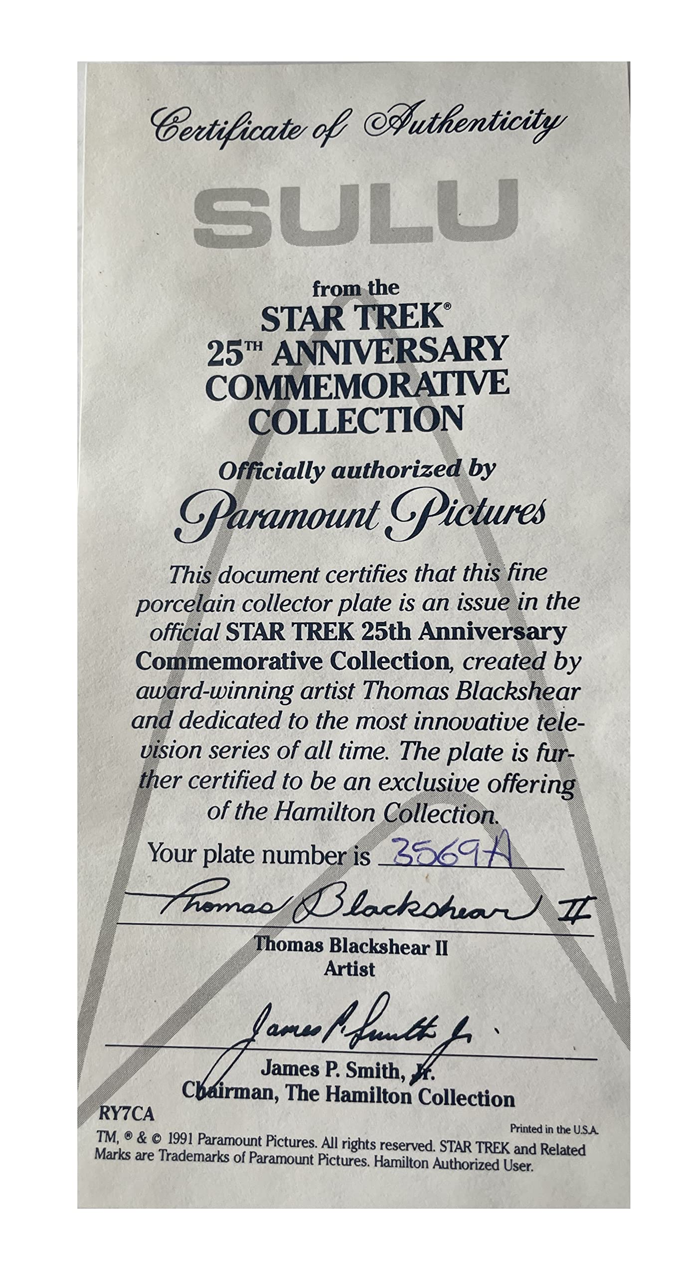 Vintage 1991 Star Trek The Original Series Helmsman Hikaru Sulu 25th Anniversary Commemorative Plate - Shop Stock Room Find
