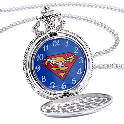 Superman Logo Novelty Themed Silver Quartz Pocket Watch On 32" Inch / 80cm Chain with Picture Dial Featuring The Superman Logo …