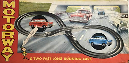 MOTORWAY Vintage 1950's / 1960's Louis Marx Set With Rare Yellow Track & Two Fast Long Running E.52 Cars 100% Complete In The Original Box …