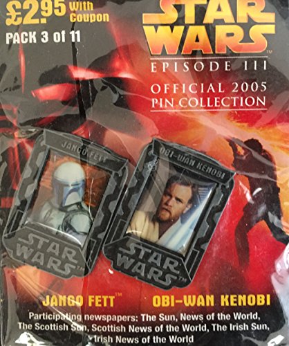 Vintage 2005 Star Wars Episode III The Revenge Of The Sith Official Pin Collection Pack 3 Of 11 - Jango Fett & Obi-Wan Kenobi - Factory Sealed Shop Stock Room Find.