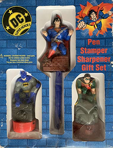 Vintage 1996 Ha Ha Ha Products - DC Comics Super Heroes Pen, Stamper, & Sharpener Gift Set Featuring Superman, Batman & Robin - Shop Stock R